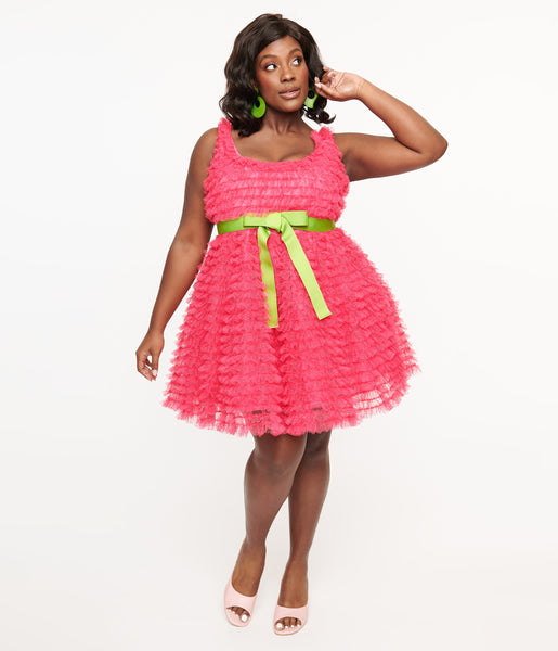 Plus Size Scoop Neck Tulle Sleeveless Short Empire Waistline Dress With a Sash and Ruffles