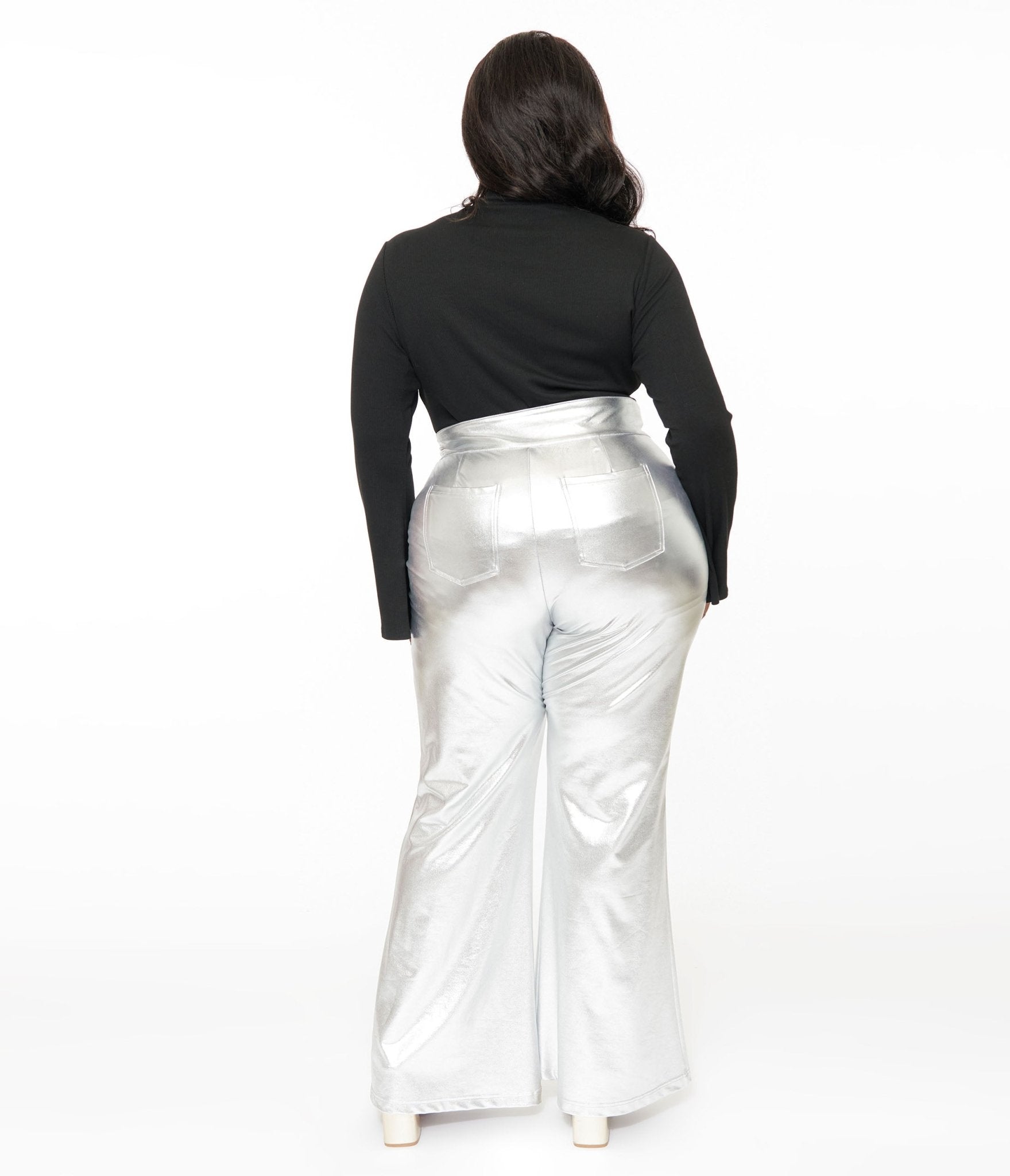 Smak Parlour Plus Size 1960s Metallic Silver High Waist Flare Pants(1X/16)