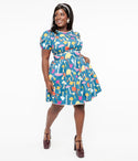 Plus Size Scoop Neck Puff Sleeves Sleeves Swing-Skirt General Print Open-Back Self Tie Dress With a Sash