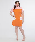 Plus Size Knit Shift Short Flower(s) Colorblocking Pocketed Dress