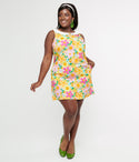 Plus Size A-line Above the Knee Collared Floral Print Shift Sleeveless Dress