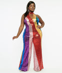 Plus 1960s Rainbow Sequin Glamour Goddess Jumpsuit