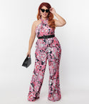 Plus Size General Print Button Closure Draped Belted Fitted Halter Knit Jumpsuit