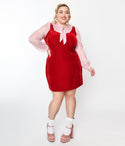 Plus Size Vintage Collared Velvet Shift Dress With a Bow(s)