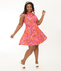 Plus Size Flared-Skirt Swing-Skirt Turtleneck Back Zipper Pocketed Self Tie Floral Print Dress