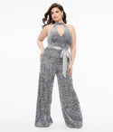 Plus Size Button Closure Banding Keyhole Goddess Sequined Back Zipper Knit Halter Jumpsuit With a Sash