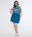 Plus Size Knit Shift Back Zipper Pocketed Short Floral Print Dress