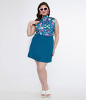 Plus Size Floral Print Pocketed Back Zipper Shift Short Knit Dress