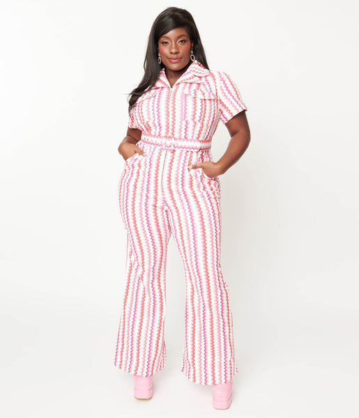 Plus Size Elasticized Waistline Belted Striped Zig Zag Print Jumpsuit