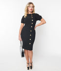Crystal Button Front Fitted Bateau Neck Dress