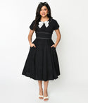 Collared Polka Dots Print Vintage Pocketed Back Zipper Cotton Swing-Skirt Dress With a Bow(s)