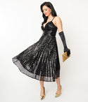 V-neck Swing-Skirt Spaghetti Strap Pleated Sequined Back Zipper Dress