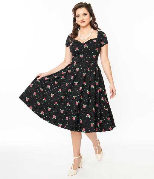 Swing-Skirt Sweetheart Pleated Dots Print Short Sleeves Sleeves Off the Shoulder Dress