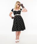 Swing-Skirt Sweetheart Polka Dots Print Short Sleeves Sleeves Elasticized Waistline Belted Back Zipper Dress