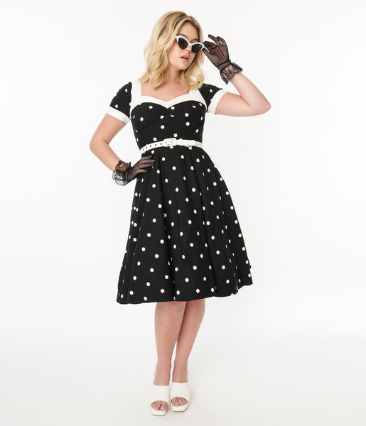 Polka Dots Print Elasticized Waistline Swing-Skirt Belted Back Zipper Sweetheart Short Sleeves Sleeves Dress