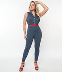 Elasticized Waistline Collared Belted Button Front Denim Jumpsuit