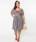 Knit Flutter Sleeves Gingham Print Smocked Swing-Skirt Dress by Unique Vintage