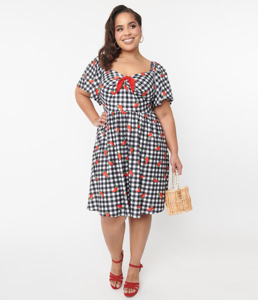 Flutter Sleeves Knit Swing-Skirt Smocked Checkered Gingham Print Dress
