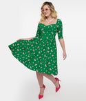 Swing-Skirt Pleated Back Zipper Fitted Sweetheart 3/4 Sleeves General Print Dress