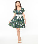 Short Sleeves Sleeves General Print Cotton Fit-and-Flare Fitted Back Zipper Pocketed Dress With a Sash