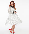 Swing-Skirt Belted Vintage Mesh Pocketed Polka Dots Print Dress