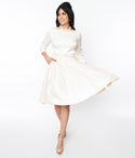 3/4 Sleeves Swing-Skirt Satin Bateau Neck Back Zipper Pocketed Belted Fitted Dress