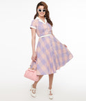 Cotton Checkered Gingham Print Swing-Skirt Dress