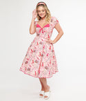 Pocketed Collared Sweetheart Puff Sleeves Sleeves General Print Swing-Skirt Cotton Dress With a Bow(s)