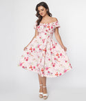 Floral Print Swing-Skirt Flutter Puff Sleeves Sleeves Off the Shoulder Dress With Ruffles