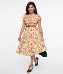Belted Back Zipper Vintage Off the Shoulder Floral Print Bardot Neck Sweetheart Swing-Skirt Dress