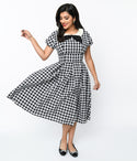 Pocketed Vintage Swing-Skirt Collared Gingham Print Dress With a Bow(s) by Unique Vintage