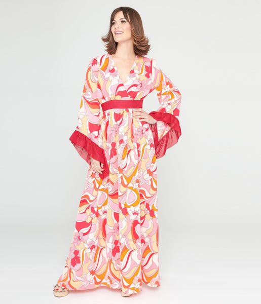 Floral Print Back Zipper Fitted Chiffon Empire Waistline 3/4 Sleeves Maxi Dress With Ruffles