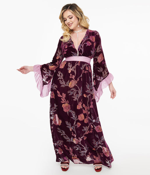 3/4 Sleeves Fitted Back Zipper Empire Waistline Floral Print Maxi Dress With Ruffles