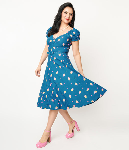 Bardot Neck Sweetheart Back Zipper Vintage Belted General Print Off the Shoulder Swing-Skirt Dress