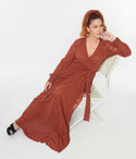 V-neck Elasticized Waistline Mesh Fitted Long Sleeves Polka Dots Print Maxi Dress With a Sash