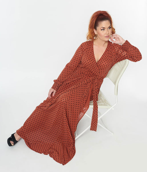 V-neck Polka Dots Print Long Sleeves Elasticized Waistline Fitted Mesh Maxi Dress With a Sash