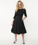Bateau Neck Knit Swing-Skirt 3/4 Sleeves Belted Pocketed Fitted Back Zipper Dress