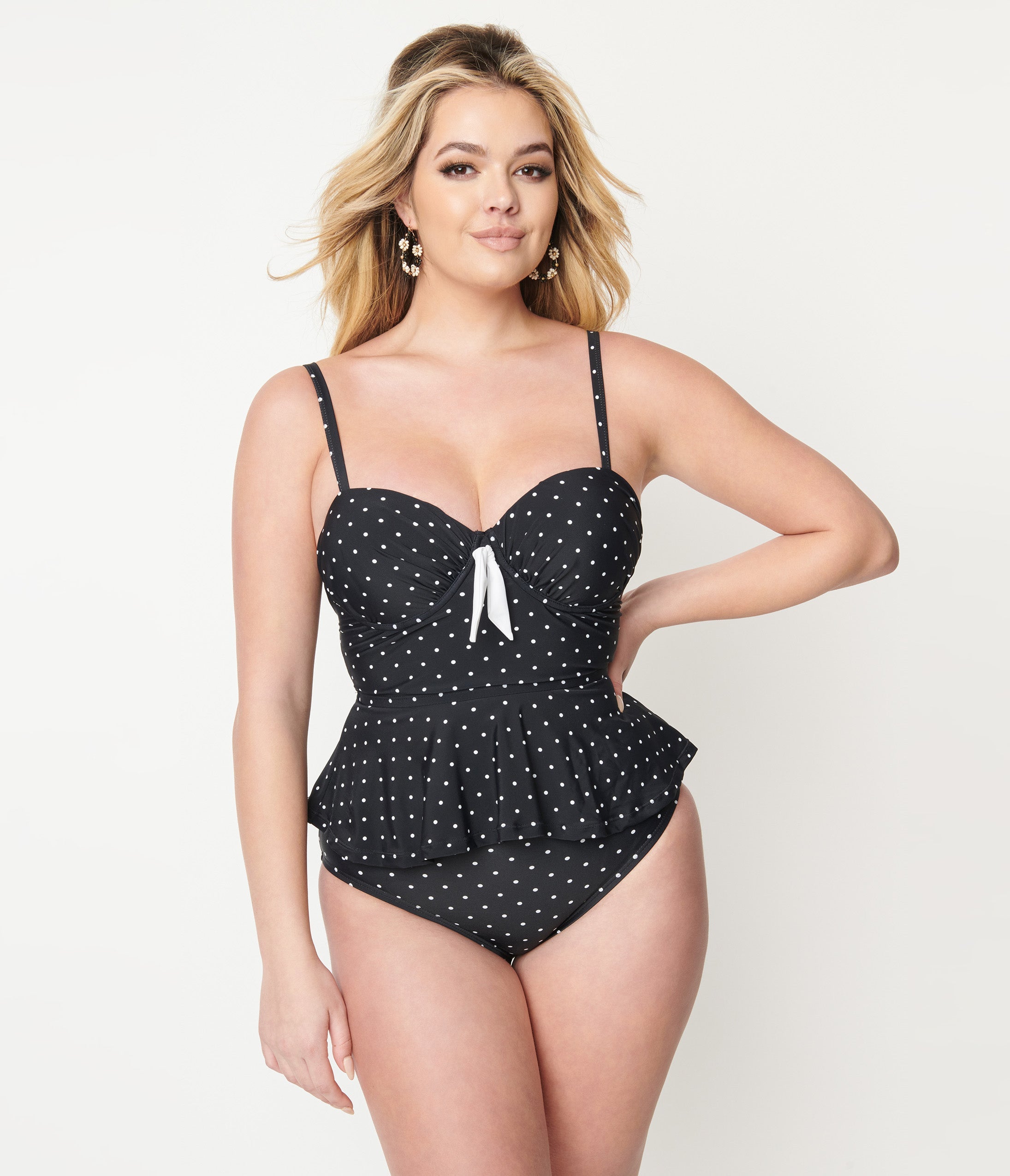 

Unique Vintage Black & White Pin Dot Peplum Solana Tankini Swim Top