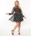 Polka Dots Print Fitted Back Zipper Button Closure Dress