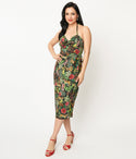 Halter Tropical Print Faux Wrap Fitted Crepe Dress