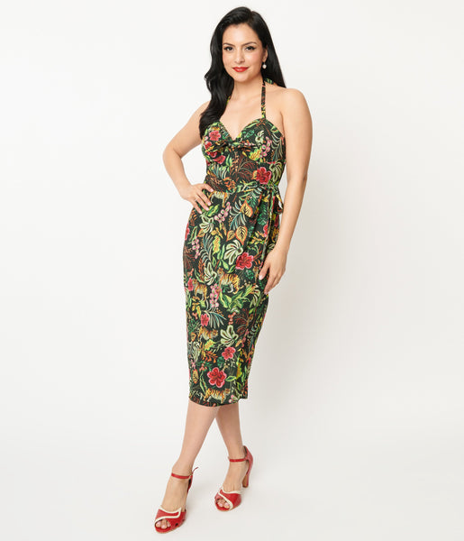 Halter Tropical Print Fitted Faux Wrap Crepe Dress