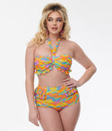 Happy Groovy Rainbow Twist Front Halter Swim Top