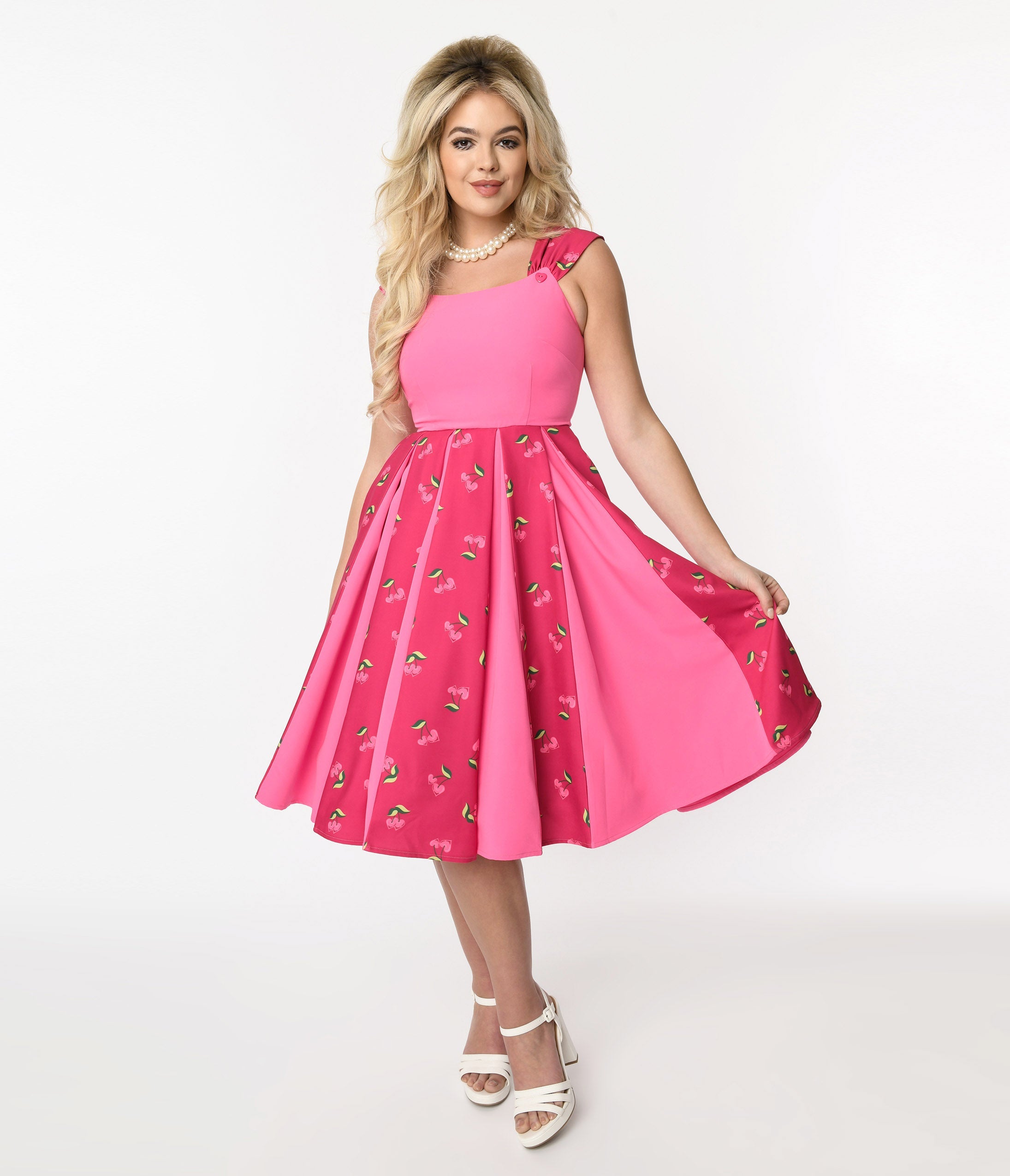 

Unique Vintage Hot Pink & Heart Cherry Stripe Swing Dress