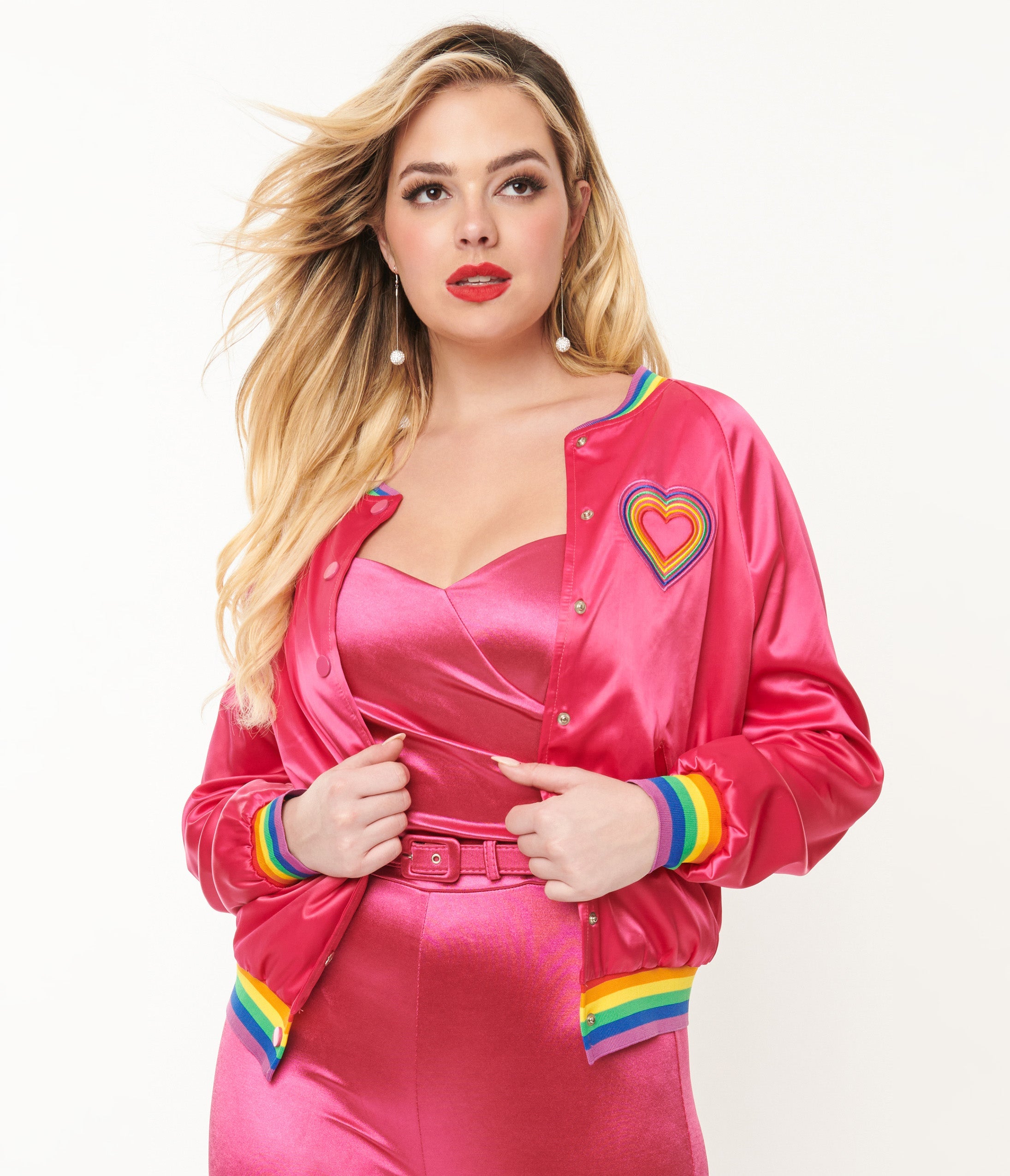 

Preorder - Unique Vintage Hot Pink & Rainbow Pride Satin Bomber Jacket