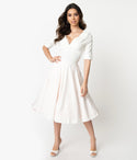 A-line V-neck Swing-Skirt Natural Waistline Above the Knee Vintage Pleated Gathered Banding Wedding Dress