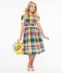 Back Zipper Belted Swing-Skirt Cotton Plaid Print Dress