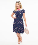Princess Seams Waistline Back Zipper General Print Collared Swing-Skirt Dress With a Bow(s)