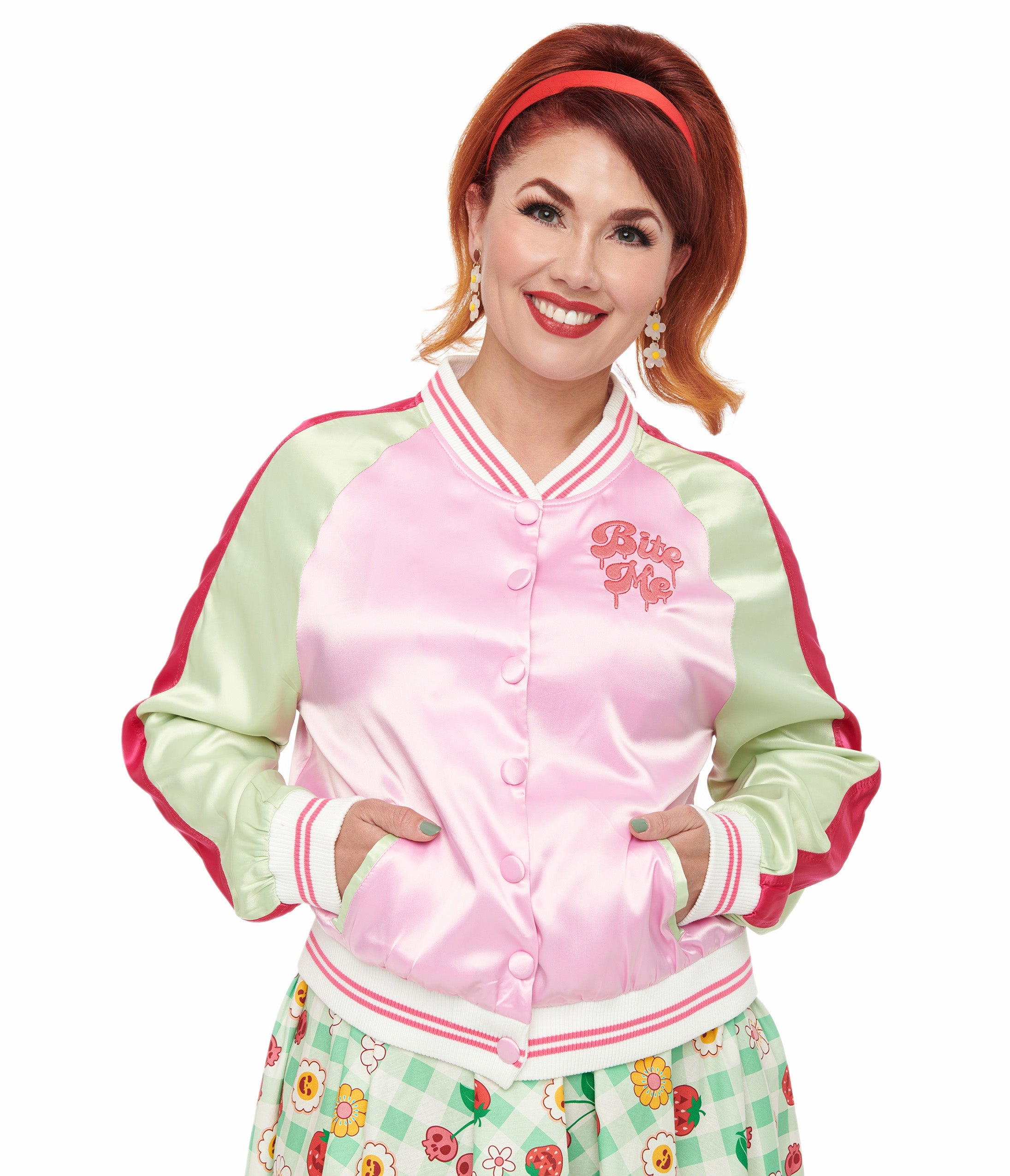 

Unique Vintage Pink & Green Bite Me Satin Bomber Jacket