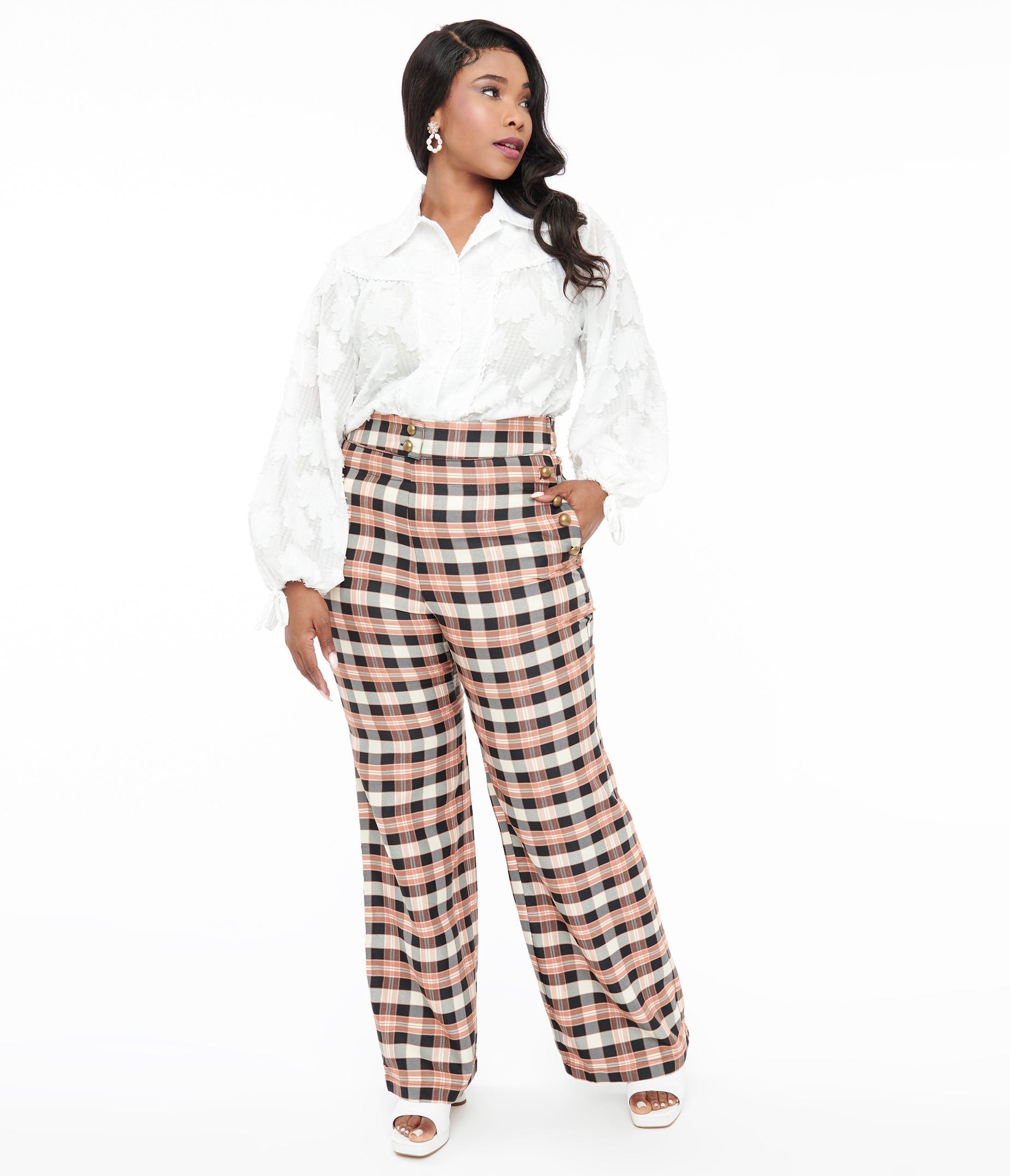 

Unique Vintage Plus Size 1940S Black & Tan Plaid Sailor Pants