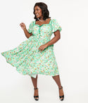 Plus Size Puff Sleeves Sleeves Short Button Front General Print Swing-Skirt Dress With a Bow(s)